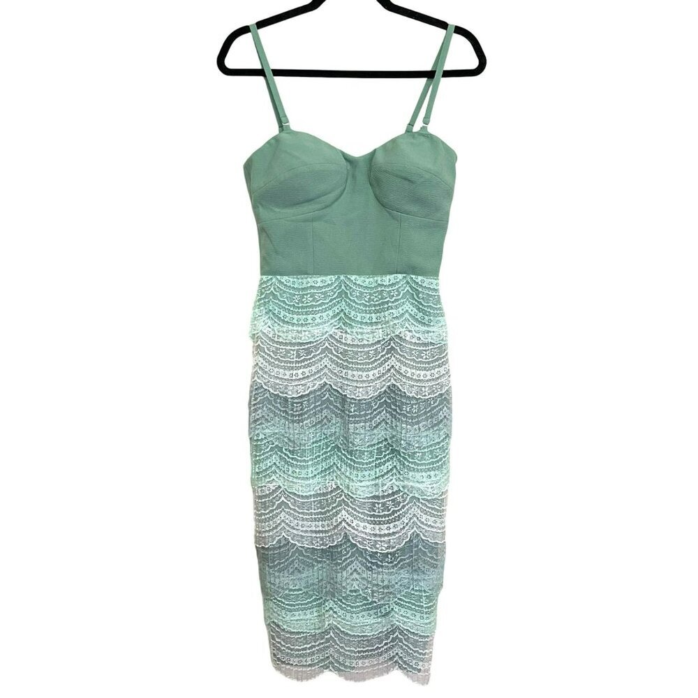 Dress The Population Corset Tiered Lace Sheath Midi Dress Green Small